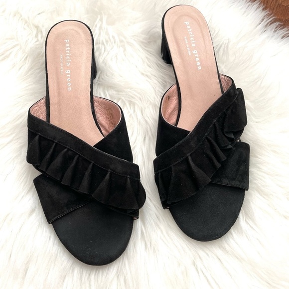 Patricia Green Black Suede Ruffle Sandals - Picture 1 of 7